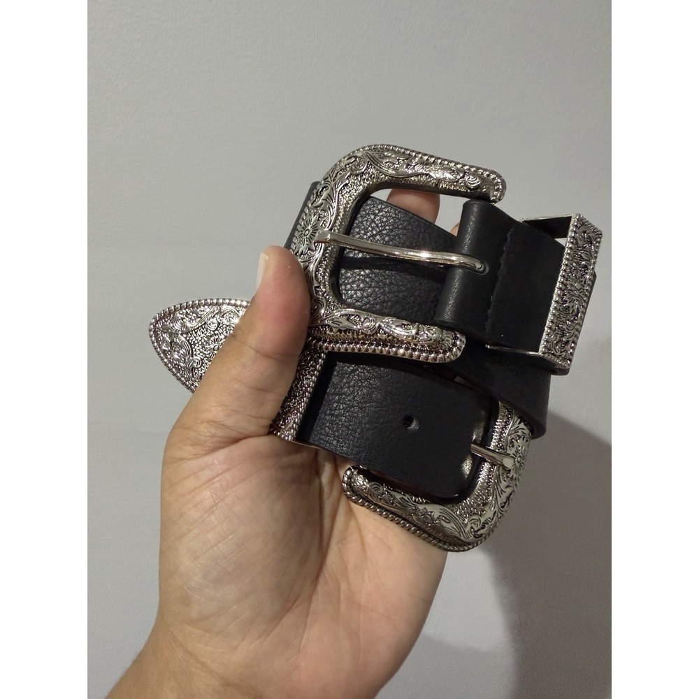 B-Low The Belt Sz S Womens Bri Bri  Black Leather Belt Silver Double Buckle